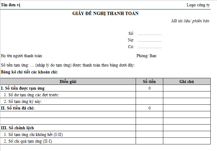 Giấy đề nghị thanh toán tiền tạm ứng